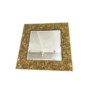 Vintage Square Wall Mirror Gold Gild Repousse’ Frame Ornate Vine & Fruit Motiff
